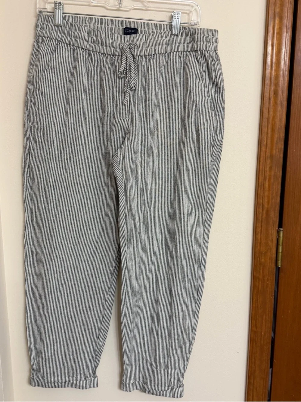 J. Crew Black and White Pinstripe Drawstring Linen Pants
